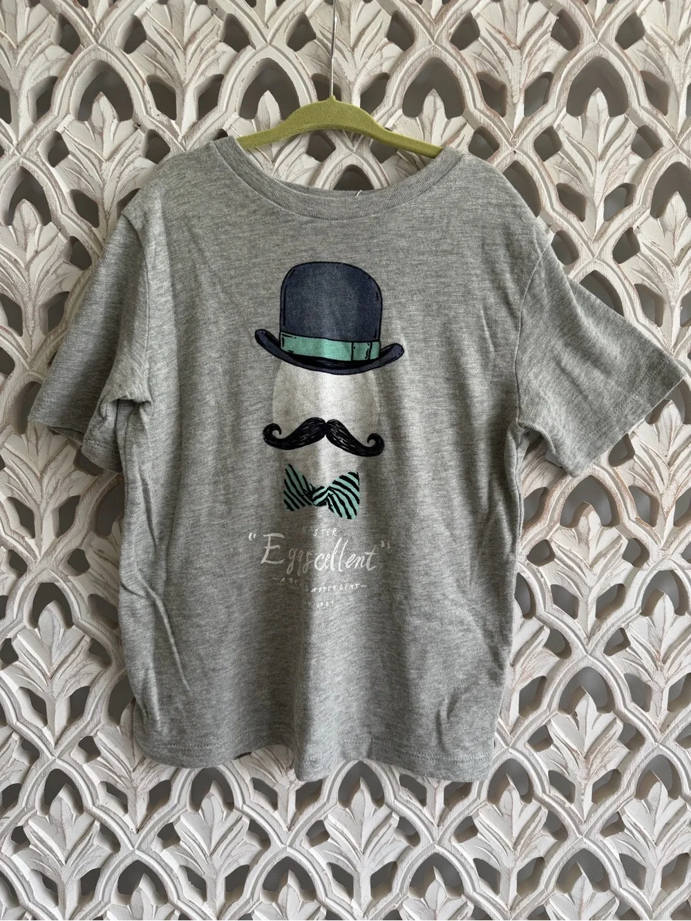 GAP Grey Tee with Egg, Hat, Mustache & Green Bow Tie Graphic
